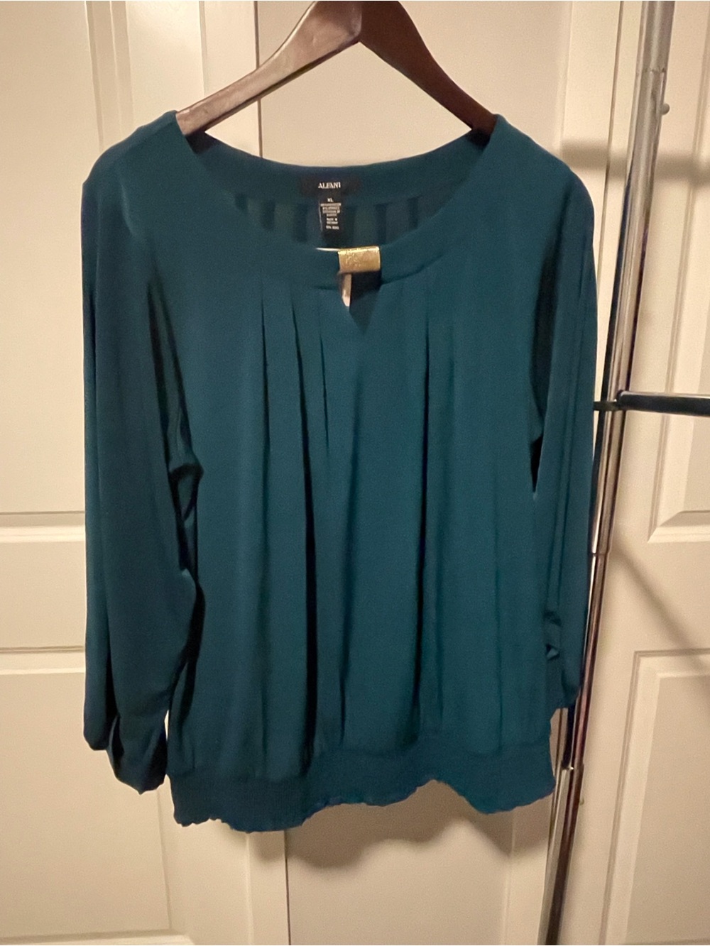 Alfani Teal Long-Sleeve Pleated Top with Gold Accent